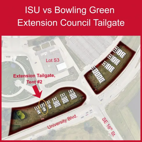 Map showing tailgate tent location near University Blvd. and SE 16th St., close to Lot S3.