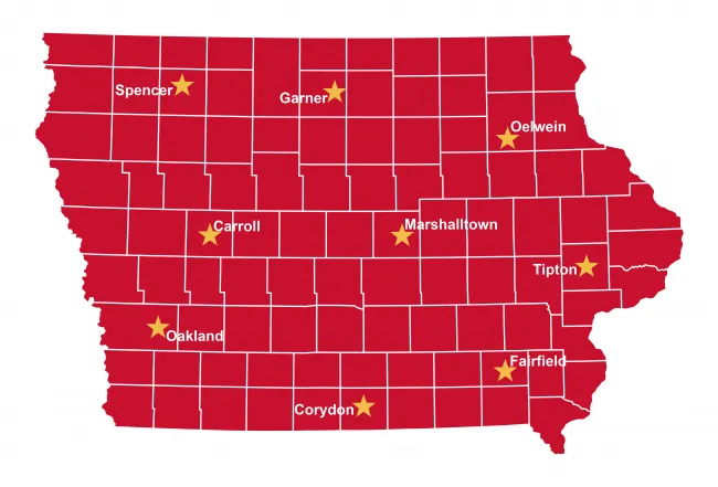 Map of Iowa with mini-conference locations indicated by stars