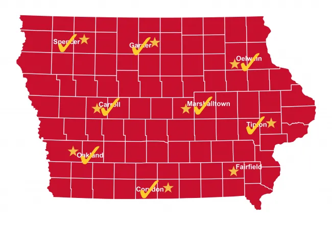 Map of Iowa with mini-conference locations indicated by stars and check marks on sites locations that have already been held