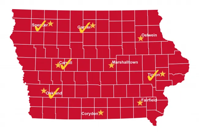 State of Iowa with conference locations noted with a star